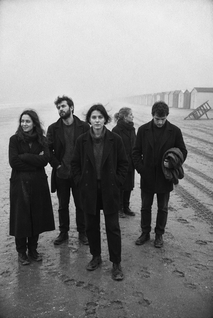 Fotogramma in bianco e nero: cinque giovani in cappotto su una spiaggia deserta all’alba, fuori stagione